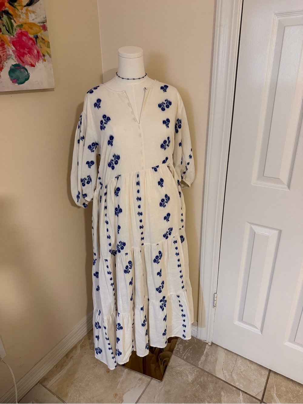Oliphant Cream Maxi Dress with Blue Floral Embroidery